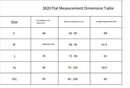 3820 flat measurement dimension table showing sizes and measurements for chest, waist, and garment length.