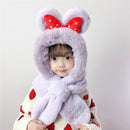 Thick children's scarves and hats featuring a cute bunny design with red bow, perfect winter accessories for kids.