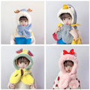 Thick children's scarves and hats featuring cute duck, deer, and fruit shapes for kids' winter wear.
