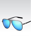 Stylish polarized sunglasses for men with blue lenses and gray frames, offering UV protection.