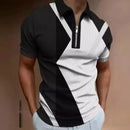 Men's casual polo shirt with a splice print design, short sleeves, and a turn down collar, perfect for autumn 2024.