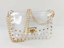 Chain Bag, Crossbody Mini Bag, Transparent Jelly Bag with rivet design and gold chain strap.