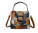 checkered crossbody shoulder bag featuring a stylish geometric design with a mix of colors and a contrast strap.