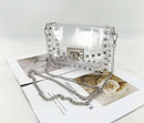 Chain Bag, Crossbody Mini Bag, Transparent Jelly Bag with rivet design and silver chain on a stylish background.