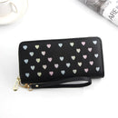 Women's large capacity zipper wallet with heart design in black PU leather, stylish and functional accessory.