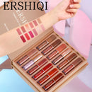 12 pcs Moisturizing Velvet Matte Lipstick Gift Box displayed with various shades of lipsticks and swatches.