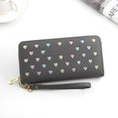 Women's large capacity zipper wallet in black with colorful heart accents and wrist strap.